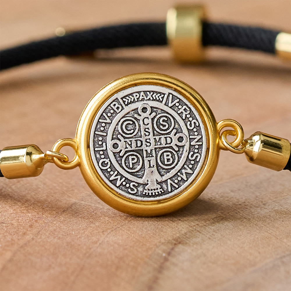 Pulsera Ajustable de Cuerda Negra con Medalla de San Benito