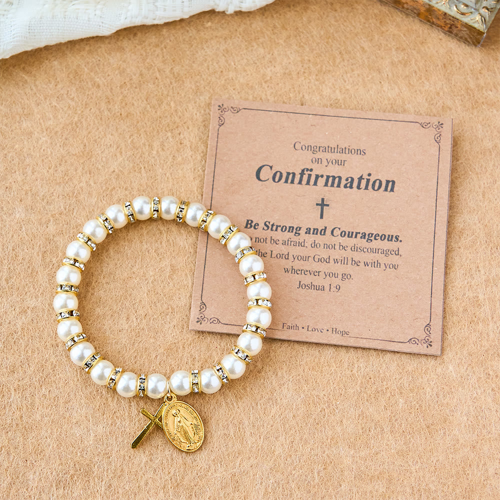 Pulsera de Perlas Moderna con Medalla Milagrosa Dorada y Tarjeta de Bendición: Comunión Opulenta