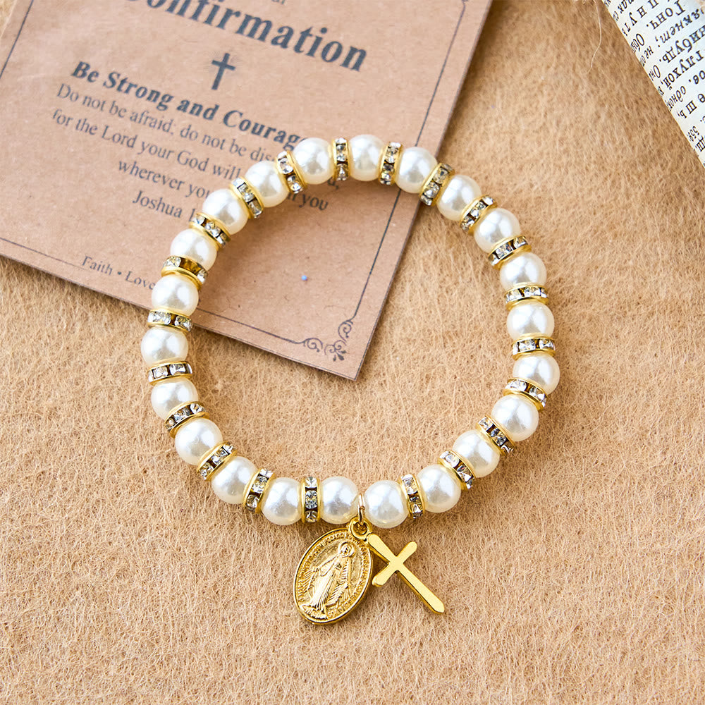 Pulsera de Perlas Moderna con Medalla Milagrosa Dorada y Tarjeta de Bendición: Comunión Opulenta