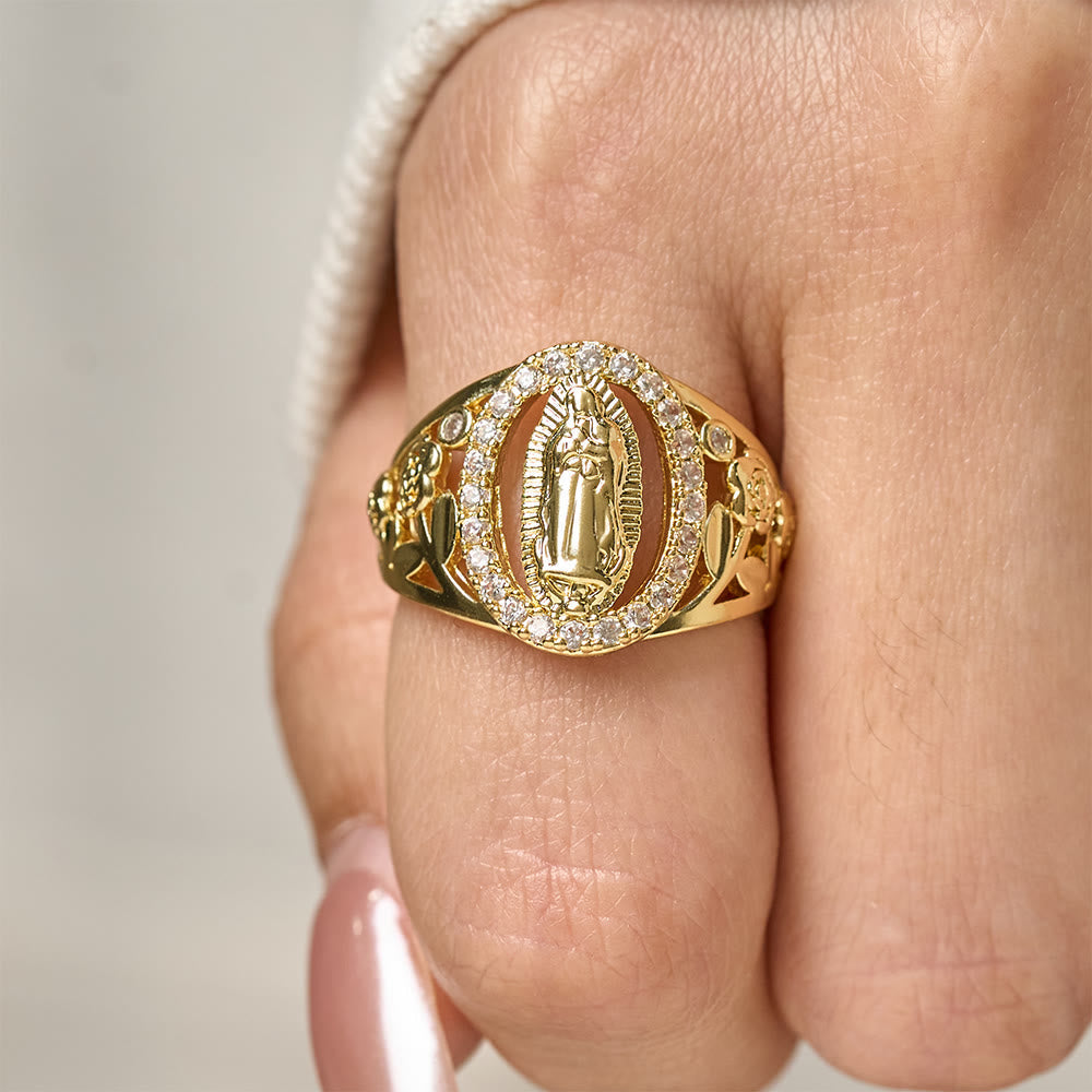 Anillo de Nuestra Señora con Zircón Envolvente y Acentos Florales: Encarnar Su Dulce Gracia