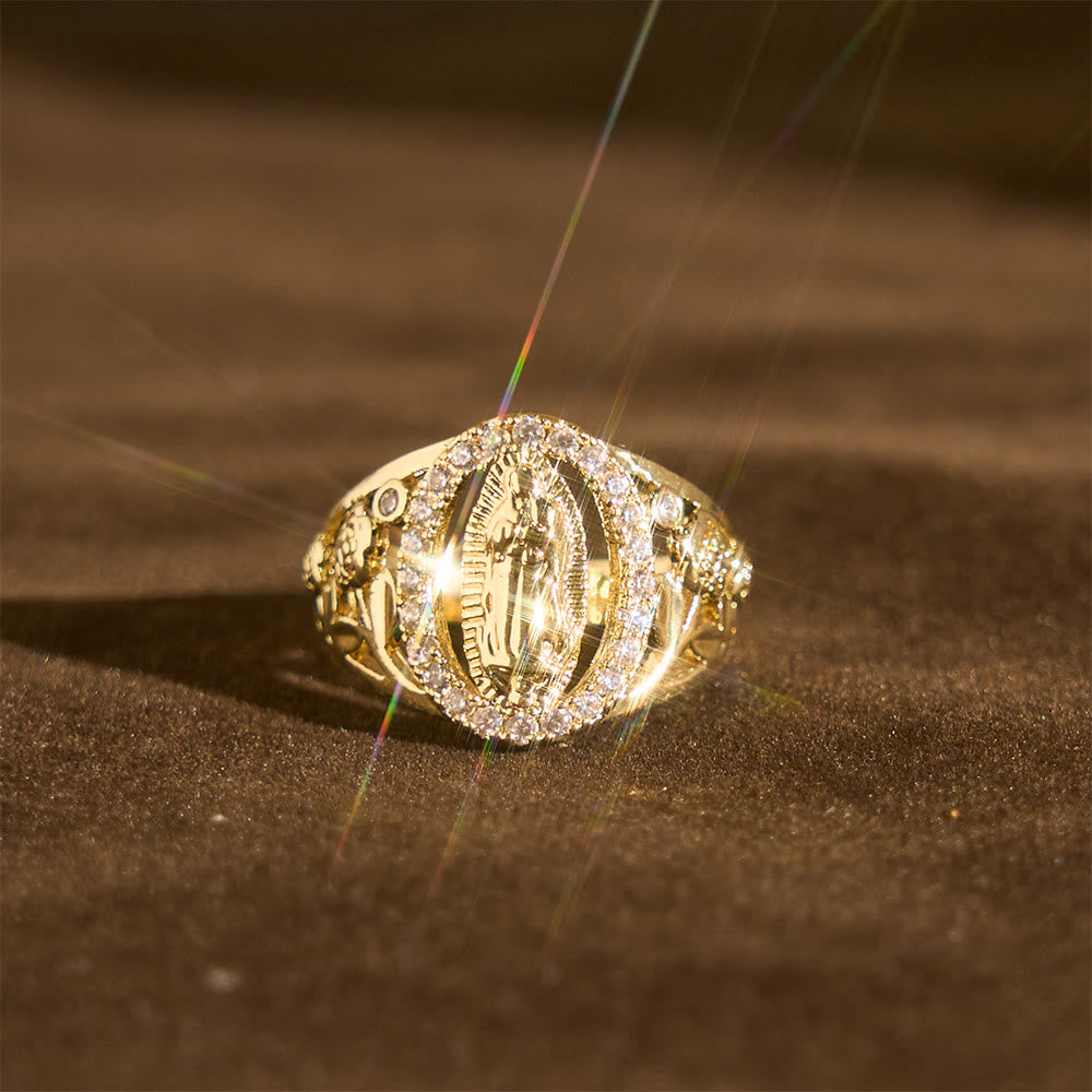 Anillo de Nuestra Señora con Zircón Envolvente y Acentos Florales: Encarnar Su Dulce Gracia