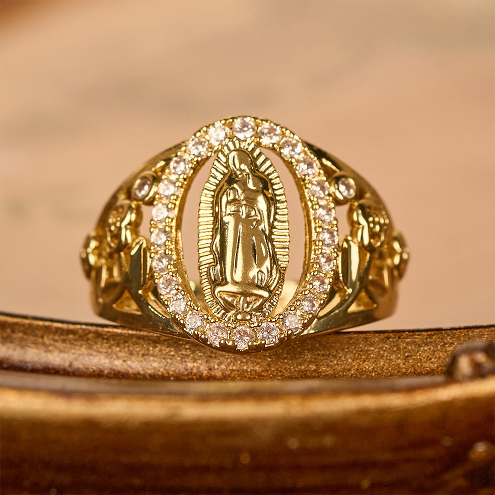 Anillo de Nuestra Señora con Zircón Envolvente y Acentos Florales: Encarnar Su Dulce Gracia