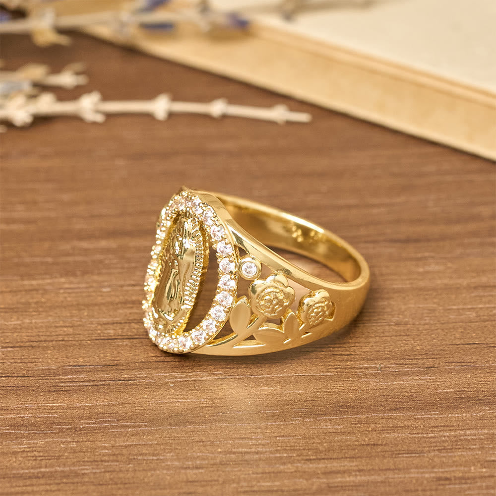 Anillo de Nuestra Señora con Zircón Envolvente y Acentos Florales: Encarnar Su Dulce Gracia