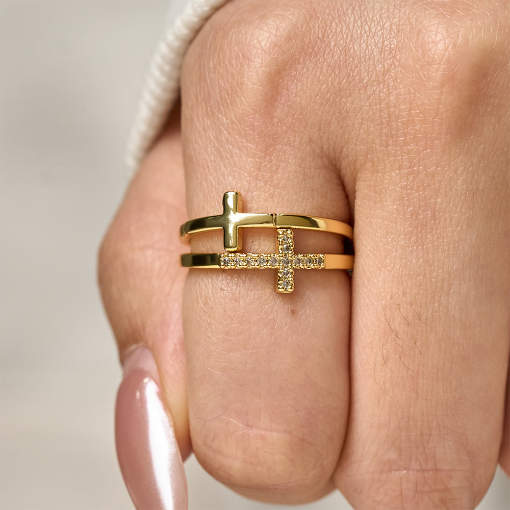 Conjunto de Anillos Cruzados Duales: Estilos de Metal Pulido y Engastados con Zircón para la Devoción Diaria