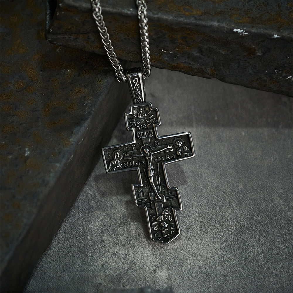 Collar de Crucifijo Ortodoxo de Titanio Jesús Joyería de Protección