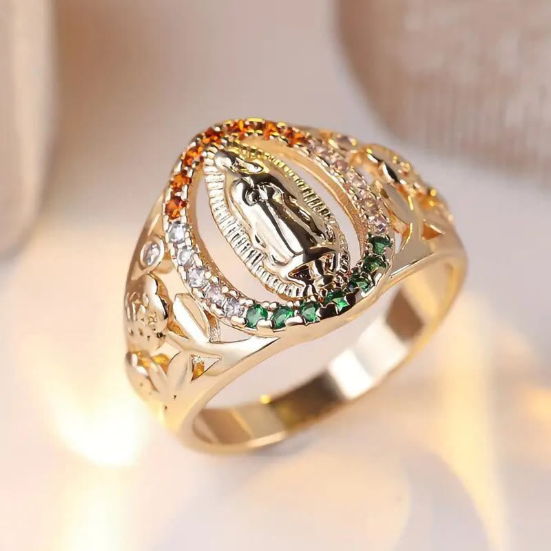 Anillo de Nuestra Señora con Diseño Floral y Circón: Elegante Recordatorio de Fe Inquebrantable