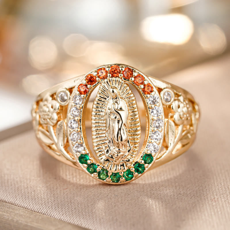 Anillo de Nuestra Señora con Diseño Floral y Circón: Elegante Recordatorio de Fe Inquebrantable