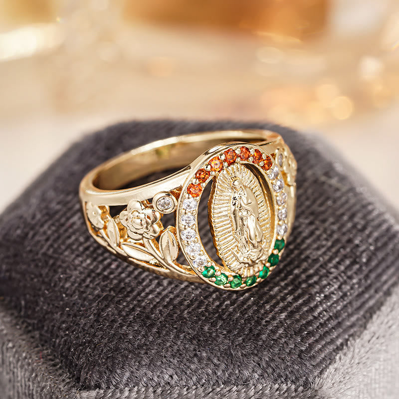 Anillo de Nuestra Señora con Diseño Floral y Circón: Elegante Recordatorio de Fe Inquebrantable