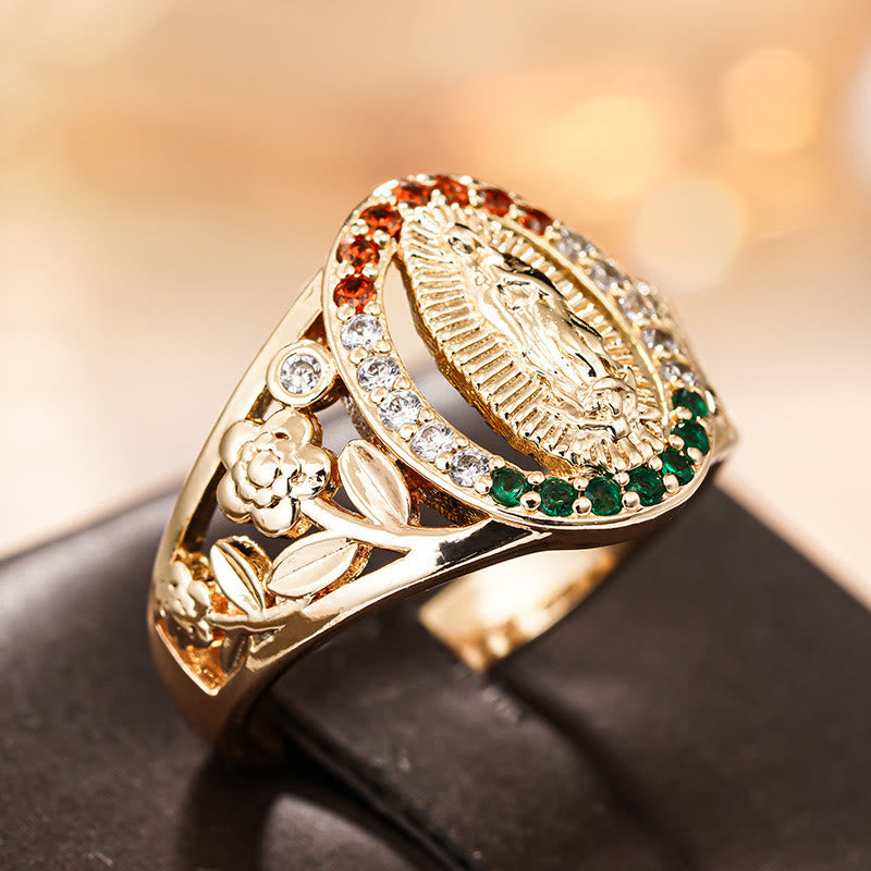 Anillo de Nuestra Señora con Diseño Floral y Circón: Elegante Recordatorio de Fe Inquebrantable