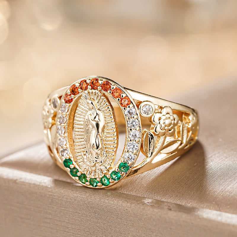 Anillo de Nuestra Señora con Diseño Floral y Circón: Elegante Recordatorio de Fe Inquebrantable