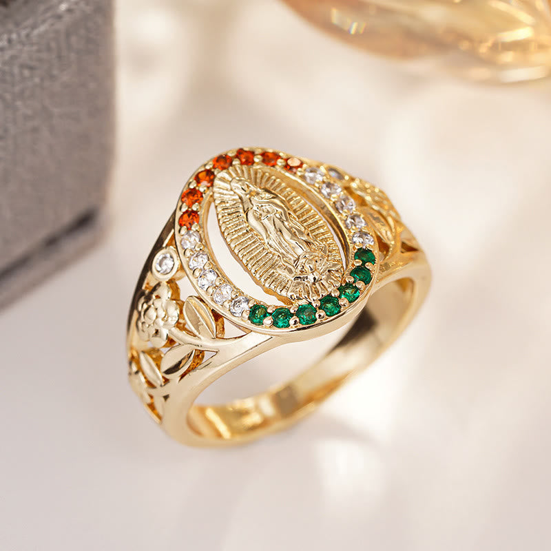 Anillo de Nuestra Señora con Diseño Floral y Circón: Elegante Recordatorio de Fe Inquebrantable