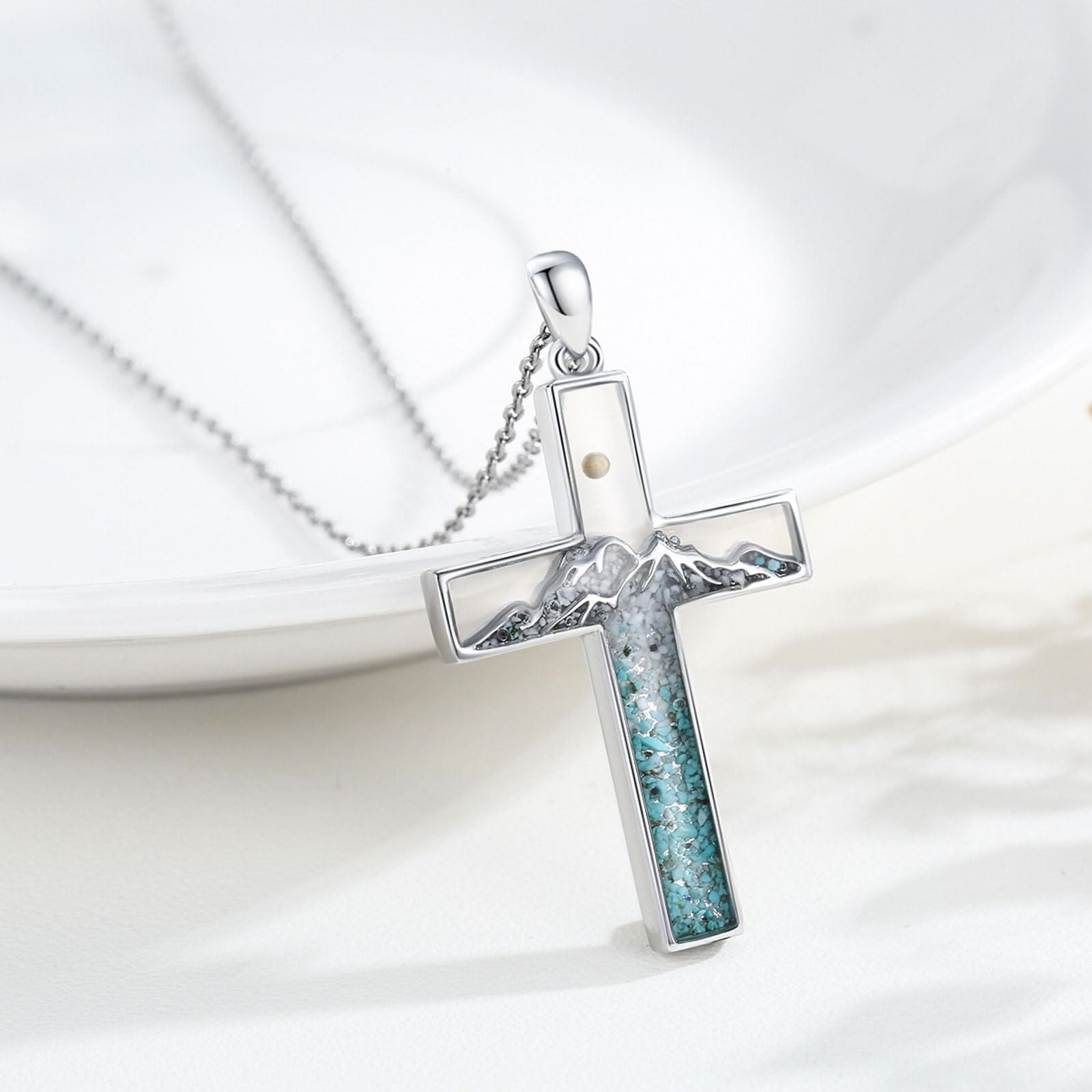 Collar de Media Luna y Cruz con Semilla de Mostaza: Incrustación de Turquesa y Diseño en Tonos Plateados