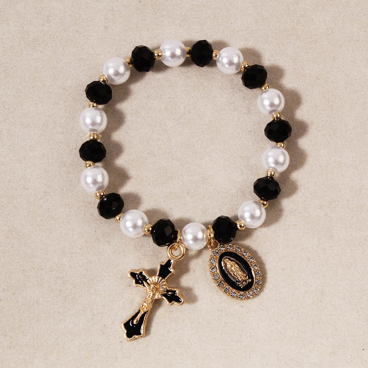 Pulsera de cuentas Medallón Mariano: Accentos de Nuestra Señora y Charm de Cruz de Esmalte
