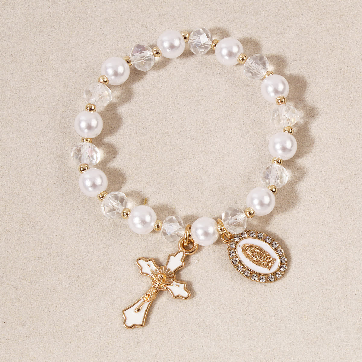 Pulsera de cuentas Medallón Mariano: Accentos de Nuestra Señora y Charm de Cruz de Esmalte
