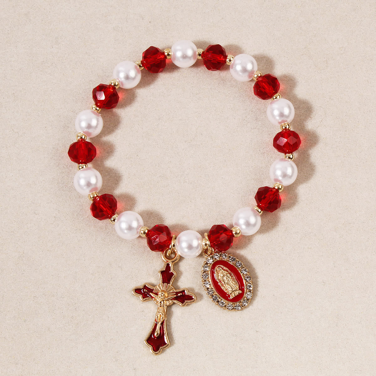 Pulsera de cuentas Medallón Mariano: Accentos de Nuestra Señora y Charm de Cruz de Esmalte