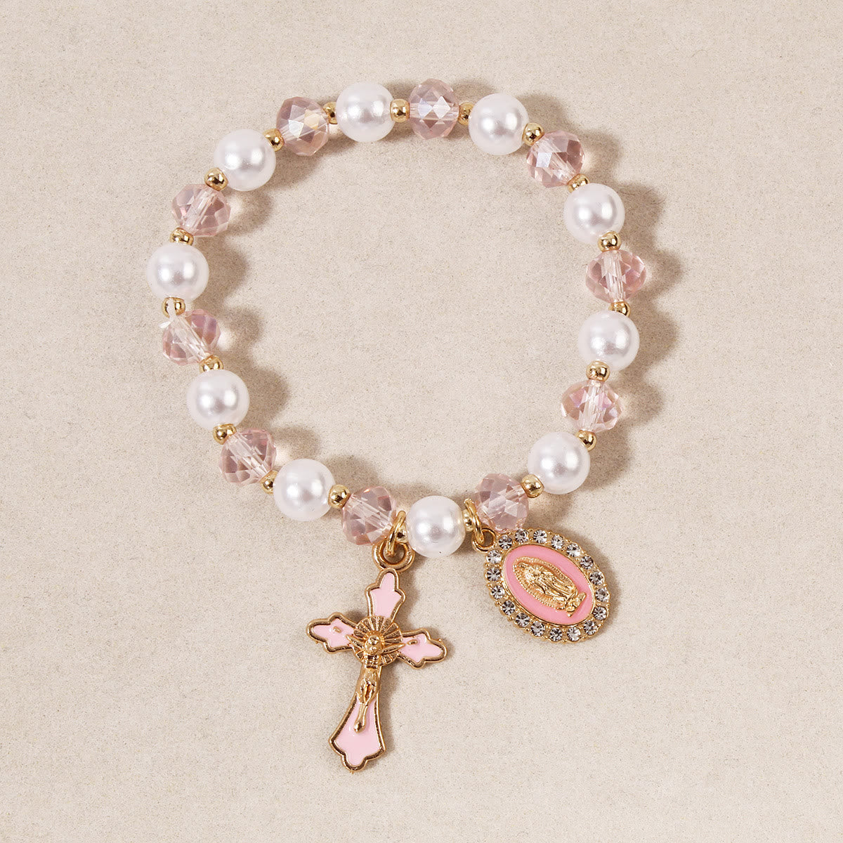 Pulsera de cuentas Medallón Mariano: Accentos de Nuestra Señora y Charm de Cruz de Esmalte