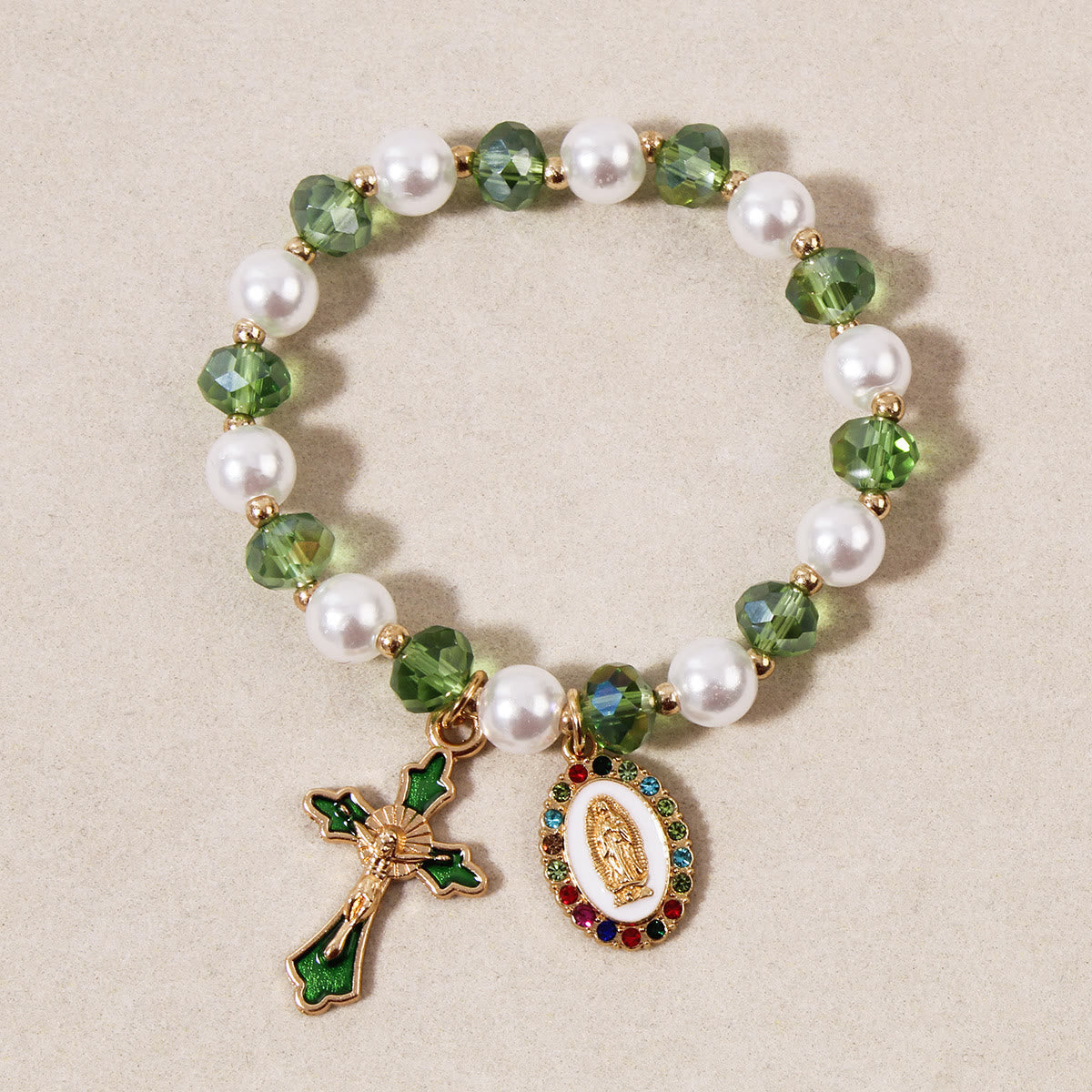 Pulsera de cuentas Medallón Mariano: Accentos de Nuestra Señora y Charm de Cruz de Esmalte