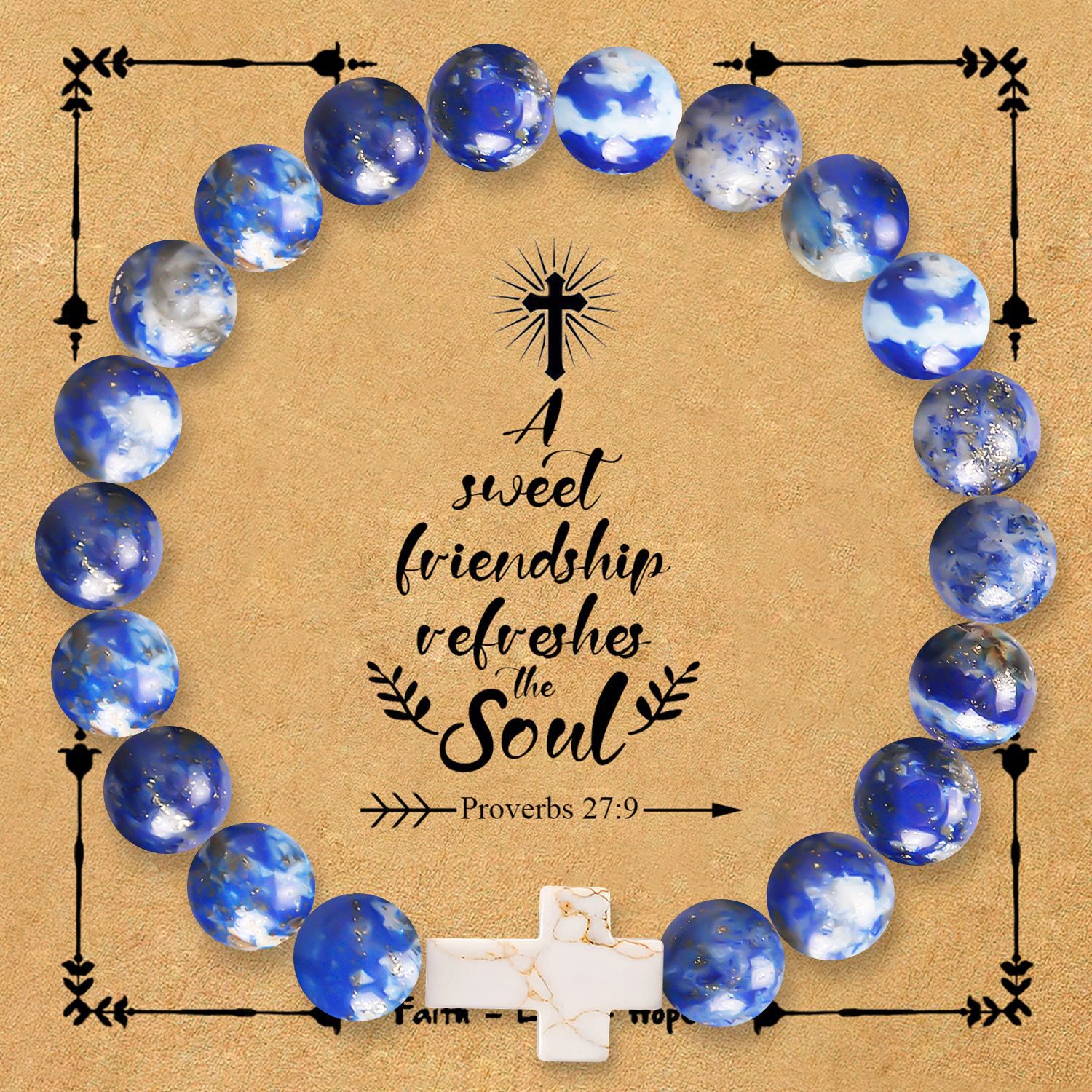 Pulsera de Cruz de Piedra Natural con Tarjeta de Proverbios 27:9: Un Símbolo de Amistad Divina y Gracia
