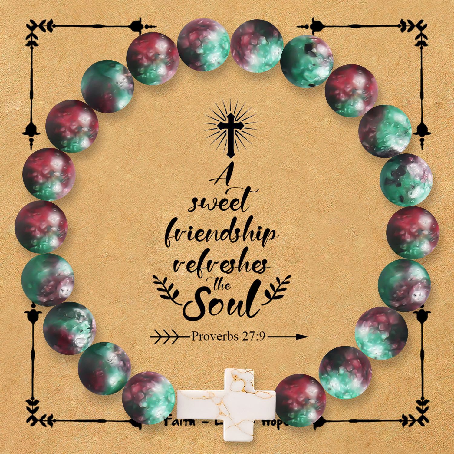 Pulsera de Cruz de Piedra Natural con Tarjeta de Proverbios 27:9: Un Símbolo de Amistad Divina y Gracia
