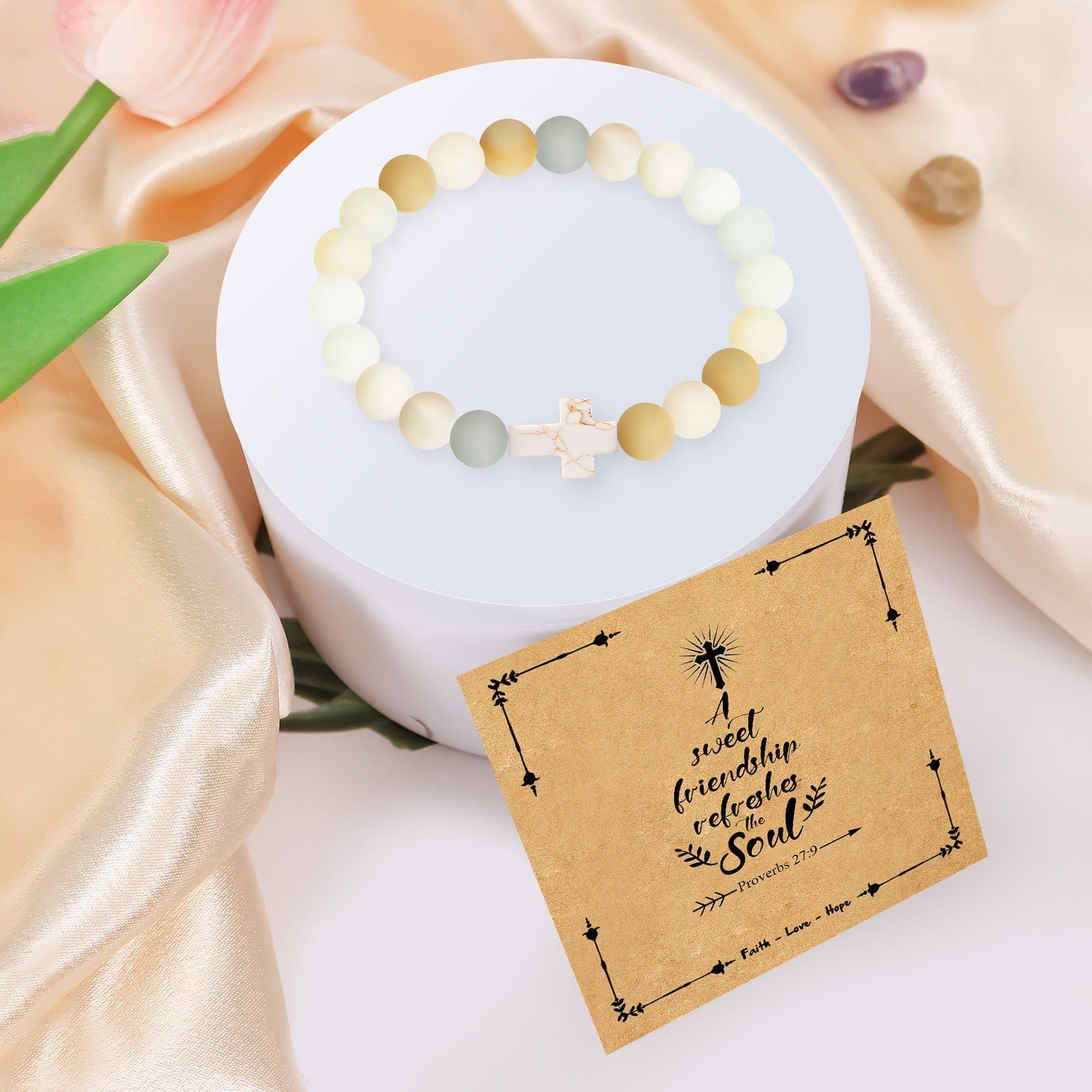 Pulsera de Cruz de Piedra Natural con Tarjeta de Proverbios 27:9: Un Símbolo de Amistad Divina y Gracia