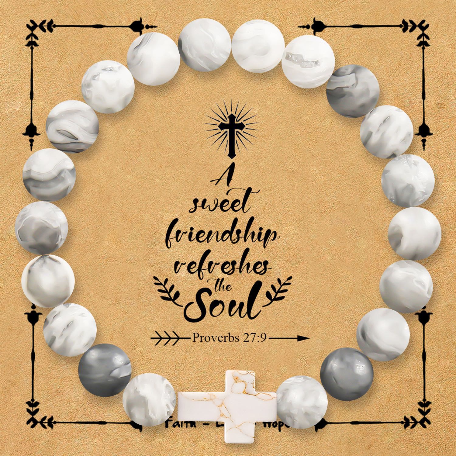 Pulsera de Cruz de Piedra Natural con Tarjeta de Proverbios 27:9: Un Símbolo de Amistad Divina y Gracia