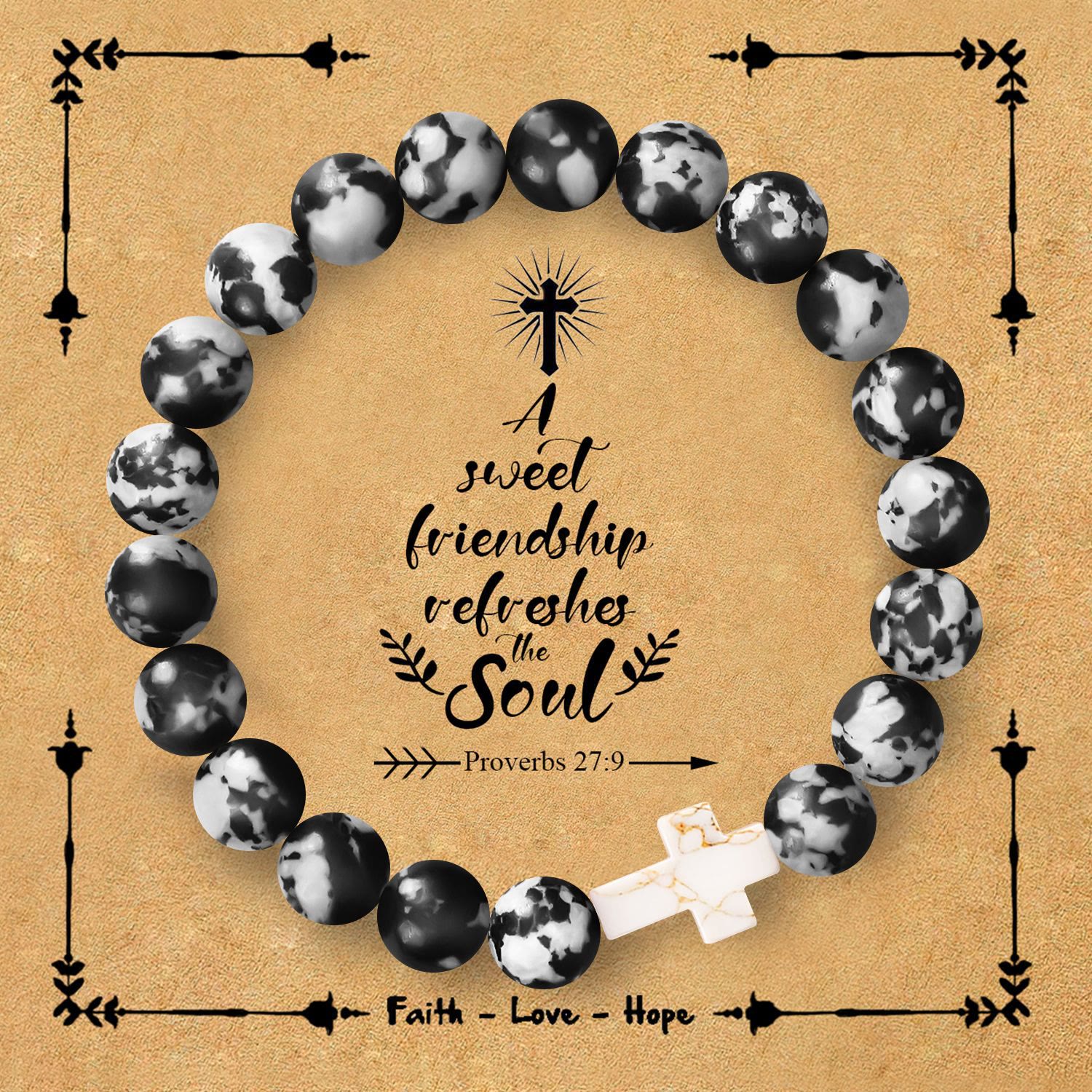 Pulsera de Cruz de Piedra Natural con Tarjeta de Proverbios 27:9: Un Símbolo de Amistad Divina y Gracia