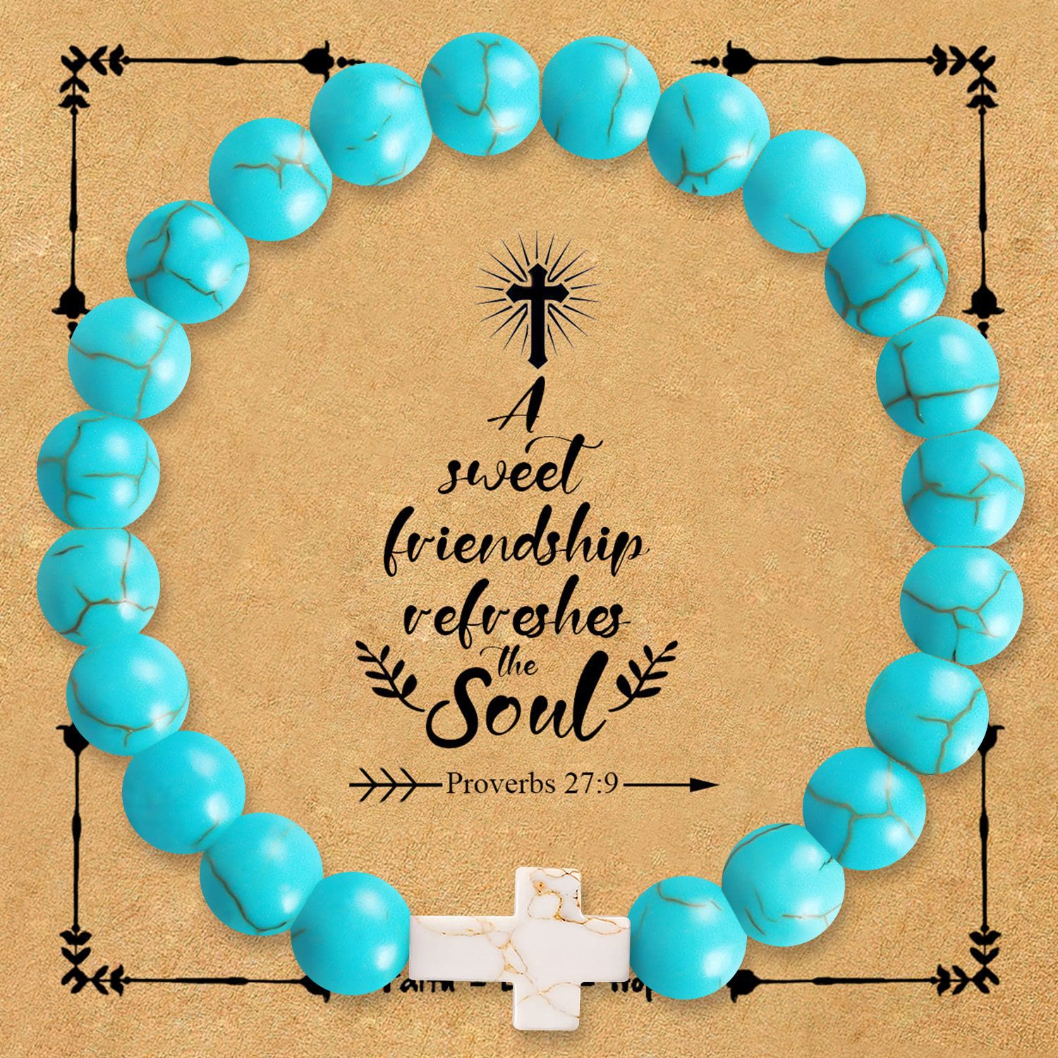 Pulsera de Cruz de Piedra Natural con Tarjeta de Proverbios 27:9: Un Símbolo de Amistad Divina y Gracia