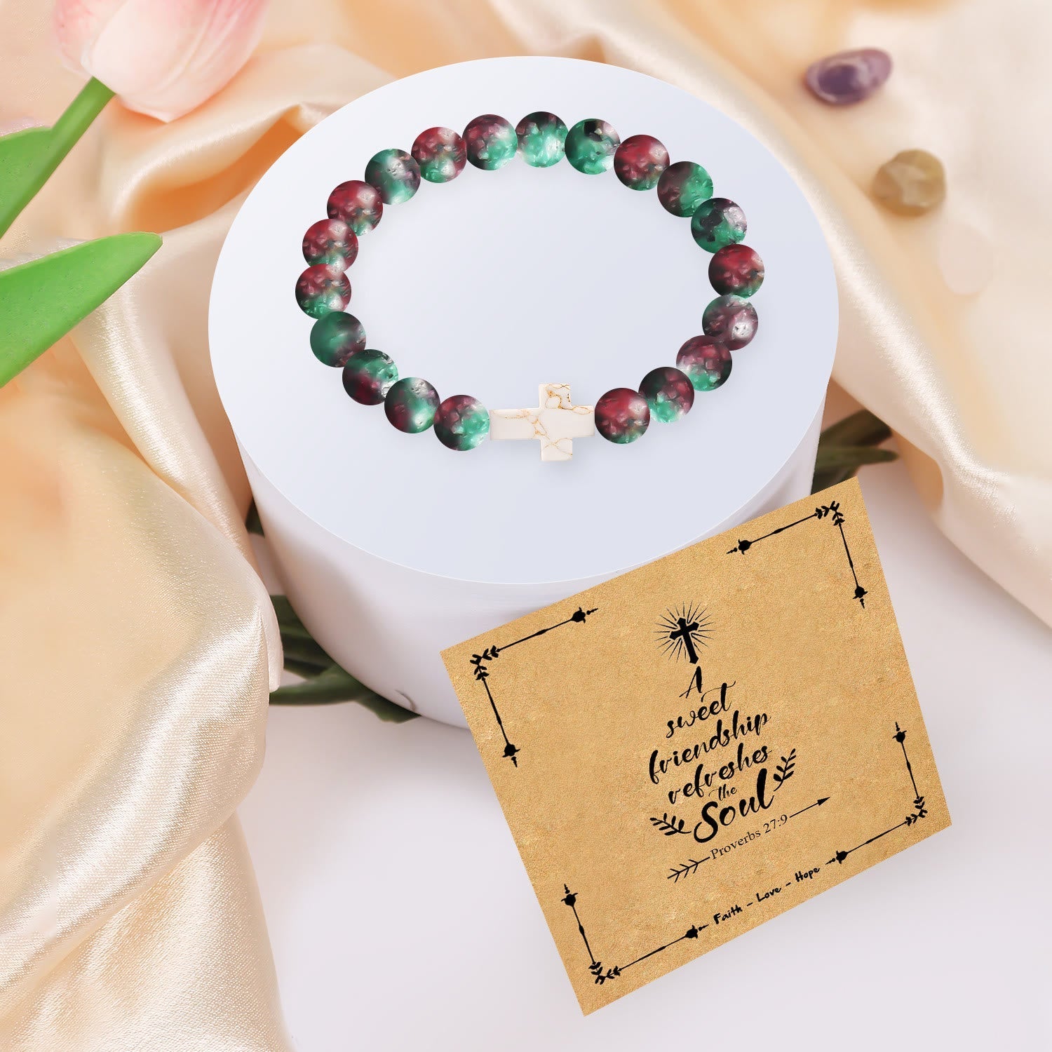 Pulsera de Cruz de Piedra Natural con Tarjeta de Proverbios 27:9: Un Símbolo de Amistad Divina y Gracia