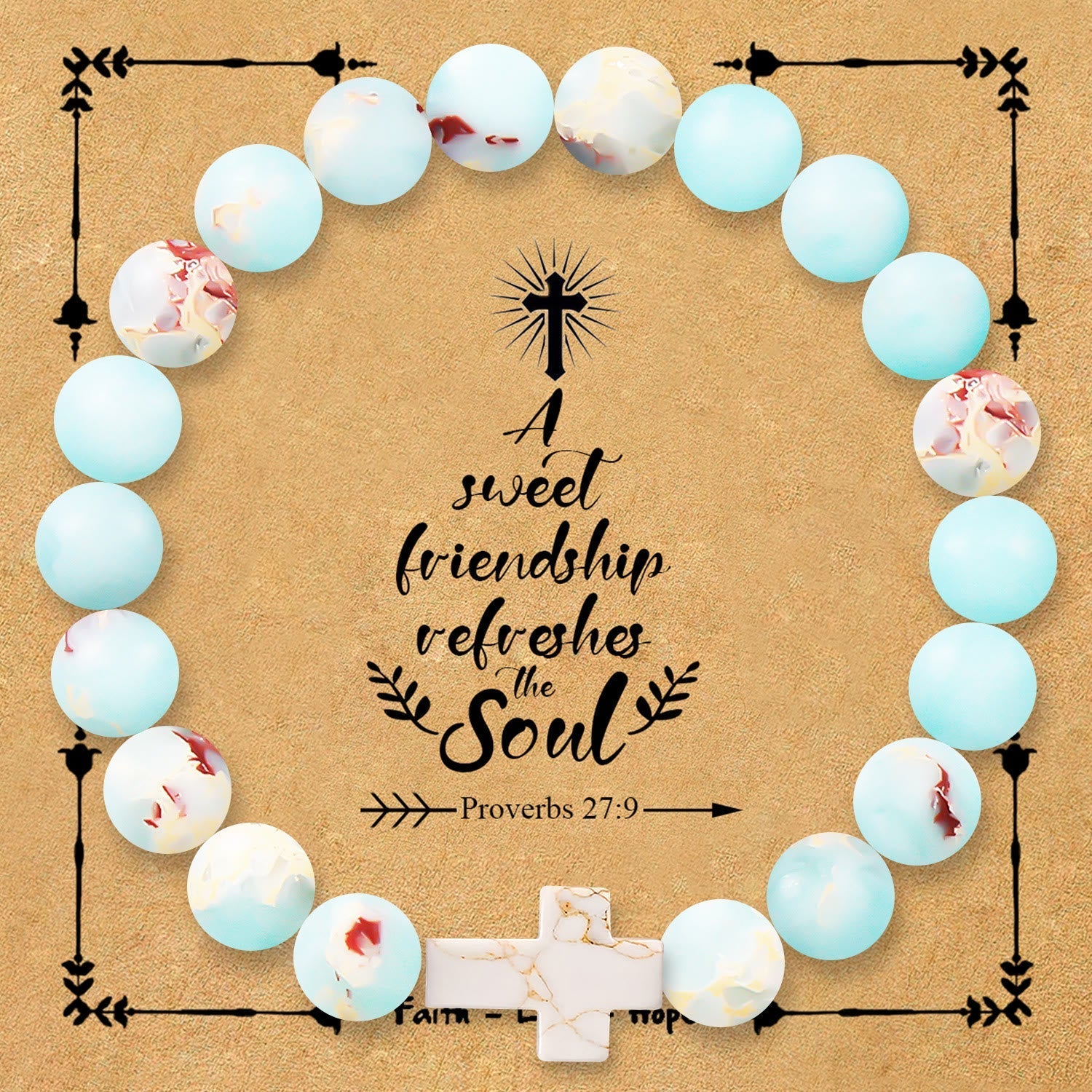 Pulsera de Cruz de Piedra Natural con Tarjeta de Proverbios 27:9: Un Símbolo de Amistad Divina y Gracia