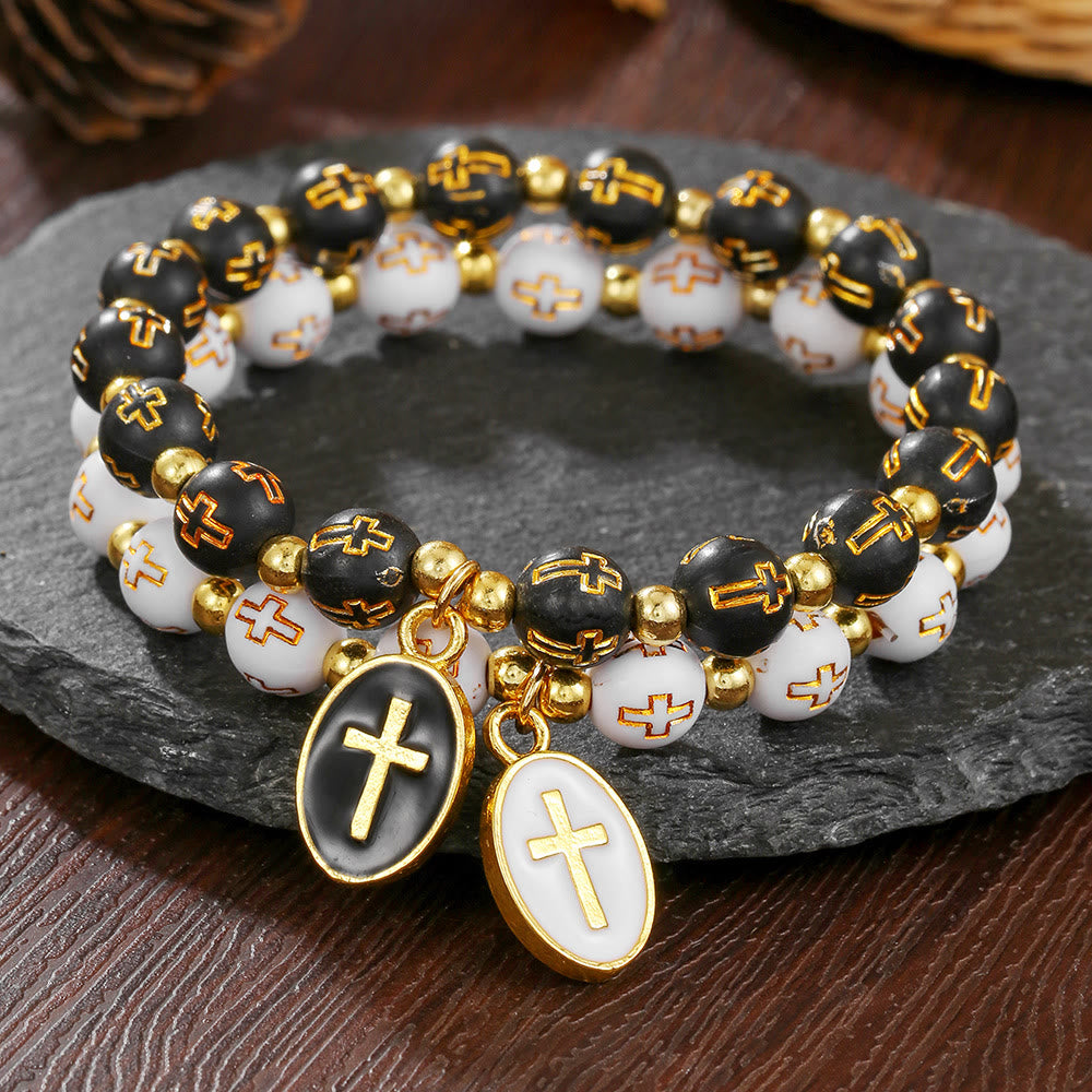 Pulsera de cuentas de acrílico en dos tonos con encanto de cruz de esmalte: Un vehículo para la fe sagrada diaria