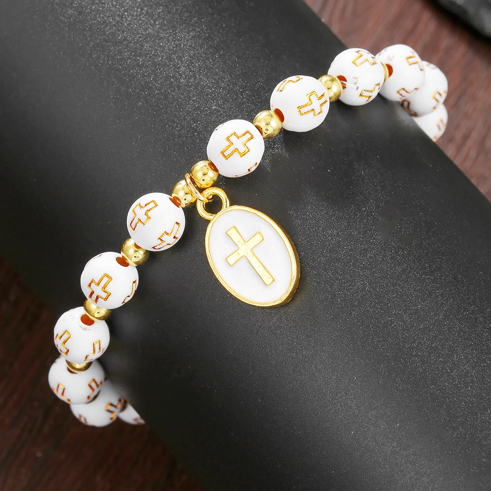 Pulsera de cuentas de acrílico en dos tonos con encanto de cruz de esmalte: Un vehículo para la fe sagrada diaria