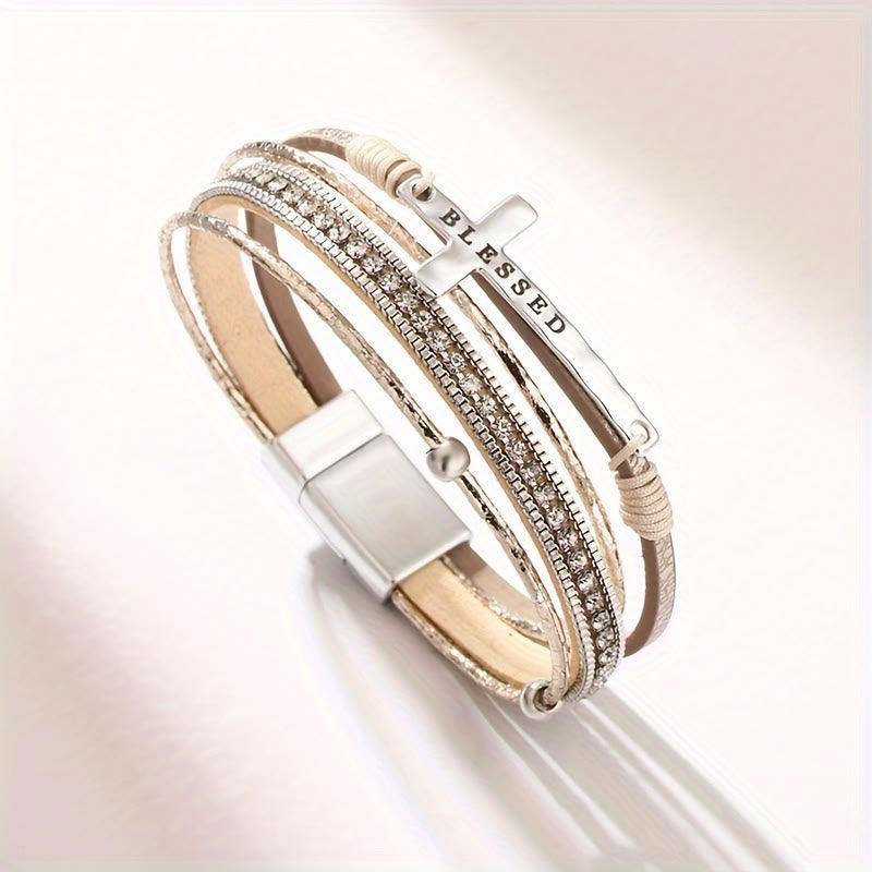 Pulsera de Cuero con Cruz BENDITA de Múltiples Capas y Circonitas: Un Símbolo de Gracia Divina y Alegría Espiritual