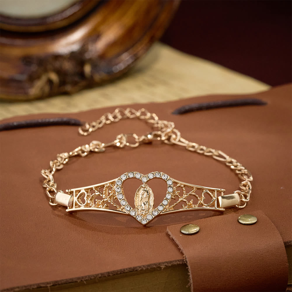 Pulsera de Filigrana Dorada de Nuestra Señora con Halo de Circonio: Un Símbolo de Devoción Mariana y Gracia Divina