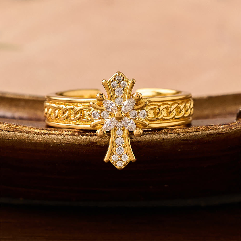 Conjunto de Anillos de Esmalte en Forma de Cruz de Circonita y Flor de Lis: Emblema de Pureza Divina y Redención