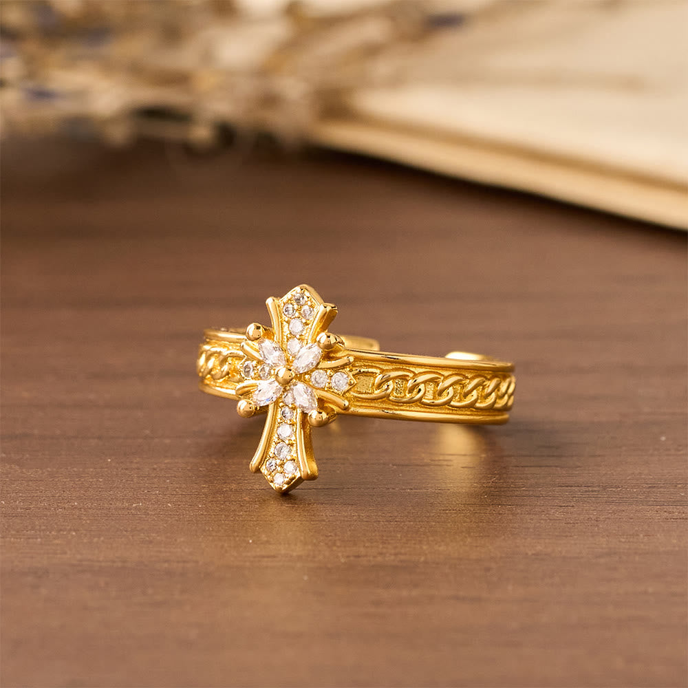 Conjunto de Anillos de Esmalte en Forma de Cruz de Circonita y Flor de Lis: Emblema de Pureza Divina y Redención