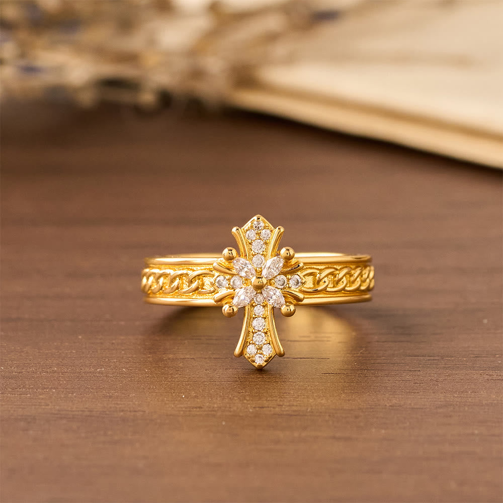 Conjunto de Anillos de Esmalte en Forma de Cruz de Circonita y Flor de Lis: Emblema de Pureza Divina y Redención