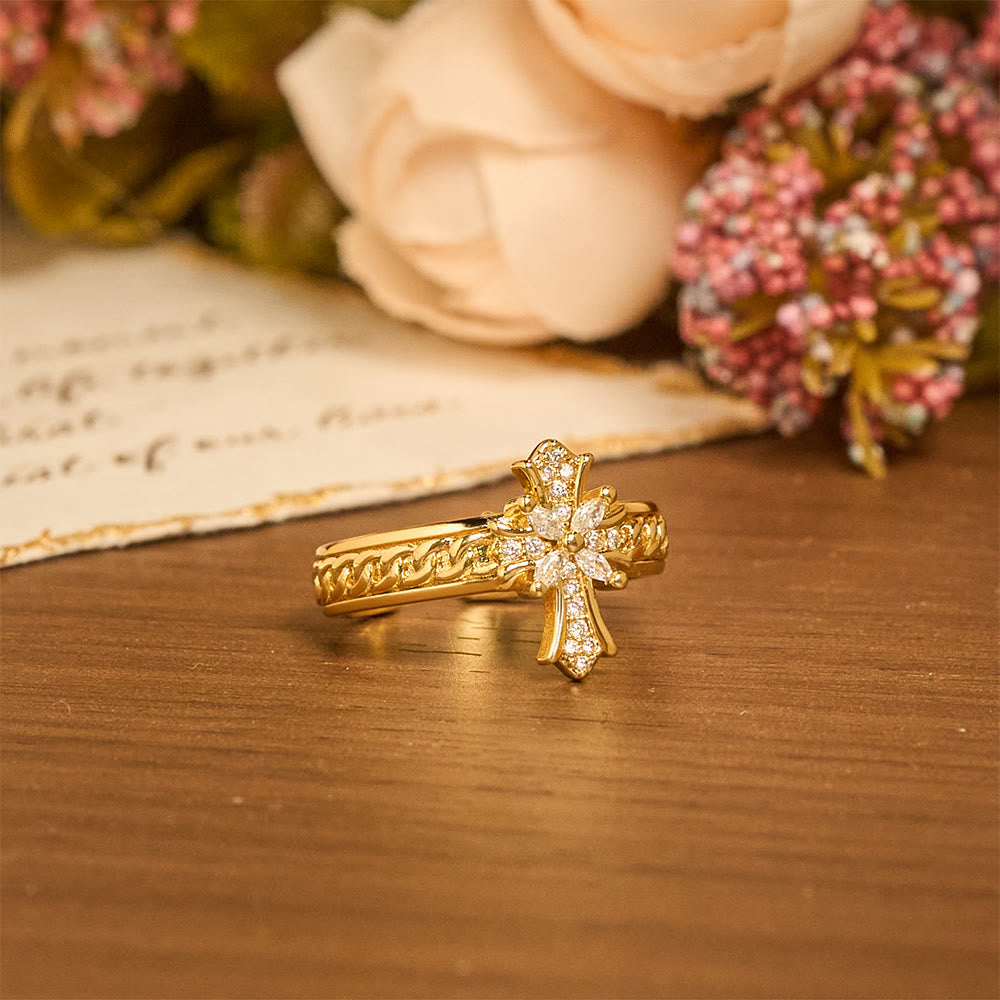 Conjunto de Anillos de Esmalte en Forma de Cruz de Circonita y Flor de Lis: Emblema de Pureza Divina y Redención