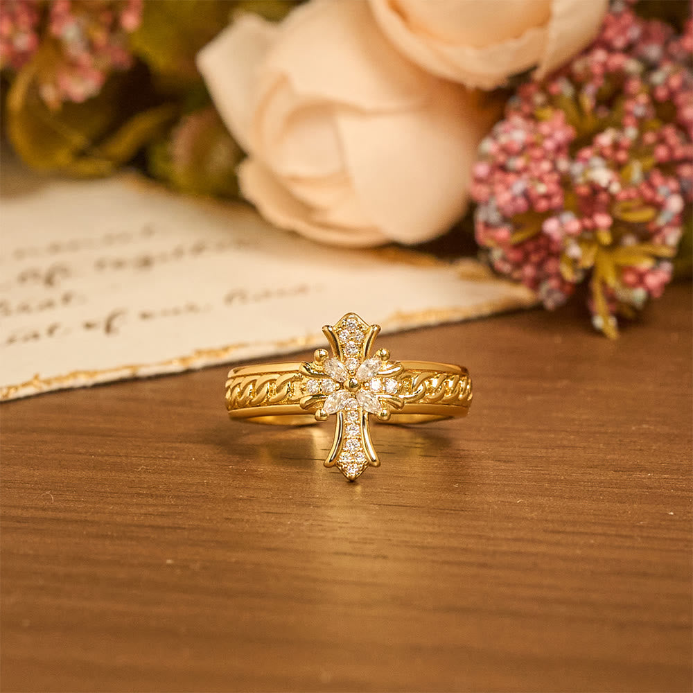 Conjunto de Anillos de Esmalte en Forma de Cruz de Circonita y Flor de Lis: Emblema de Pureza Divina y Redención