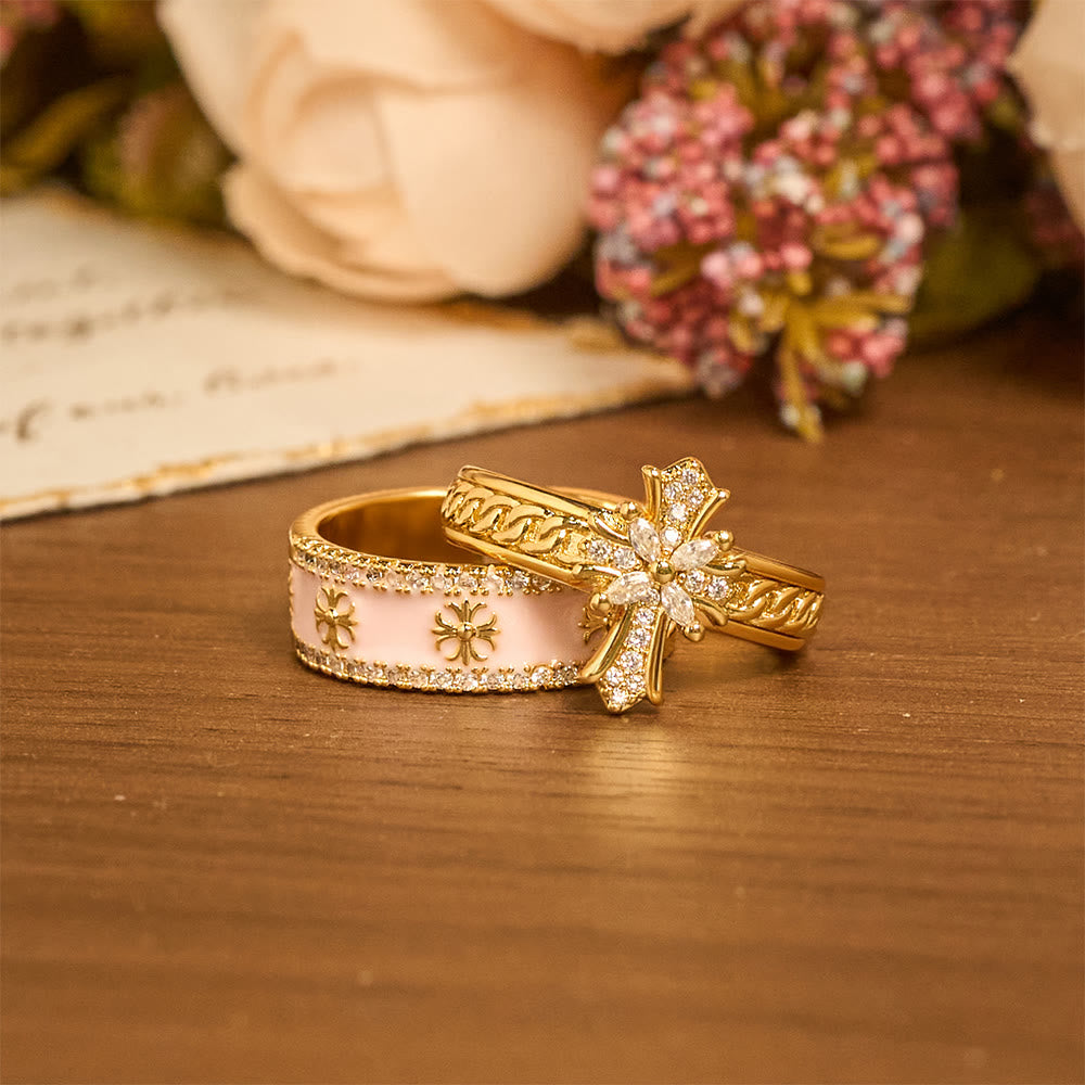 Conjunto de Anillos de Esmalte en Forma de Cruz de Circonita y Flor de Lis: Emblema de Pureza Divina y Redención