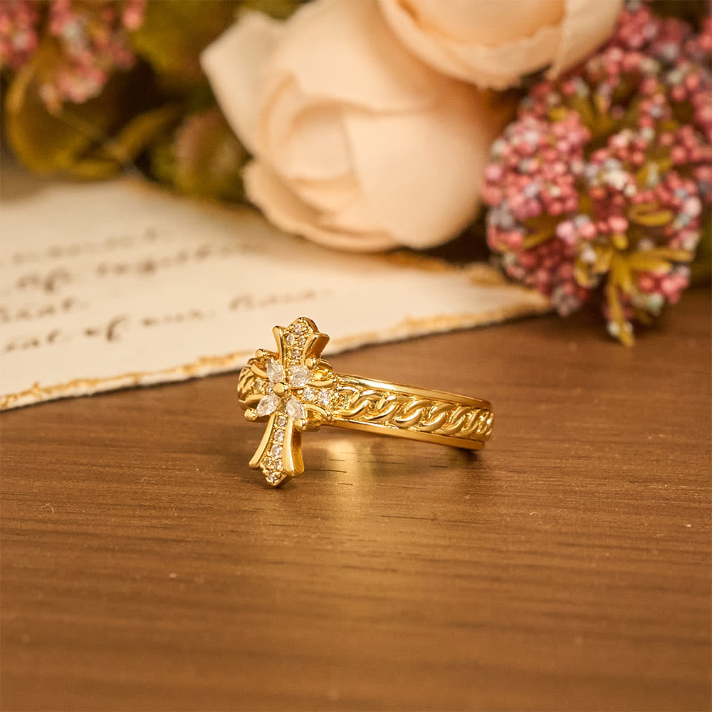 Conjunto de Anillos de Esmalte en Forma de Cruz de Circonita y Flor de Lis: Emblema de Pureza Divina y Redención