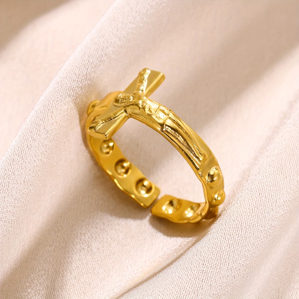 Anillo de Devoción Abierto Ajustable Grabado en Cruz Atemporal