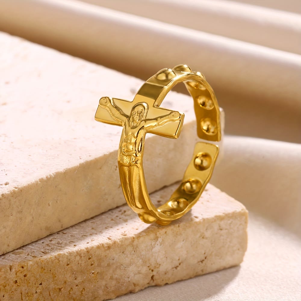 Anillo de Devoción Abierto Ajustable Grabado en Cruz Atemporal