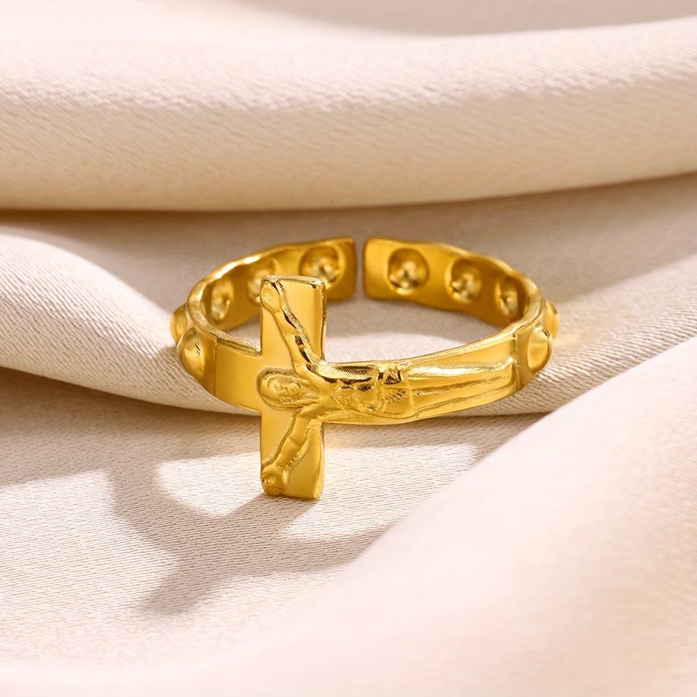 Anillo de Devoción Abierto Ajustable Grabado en Cruz Atemporal