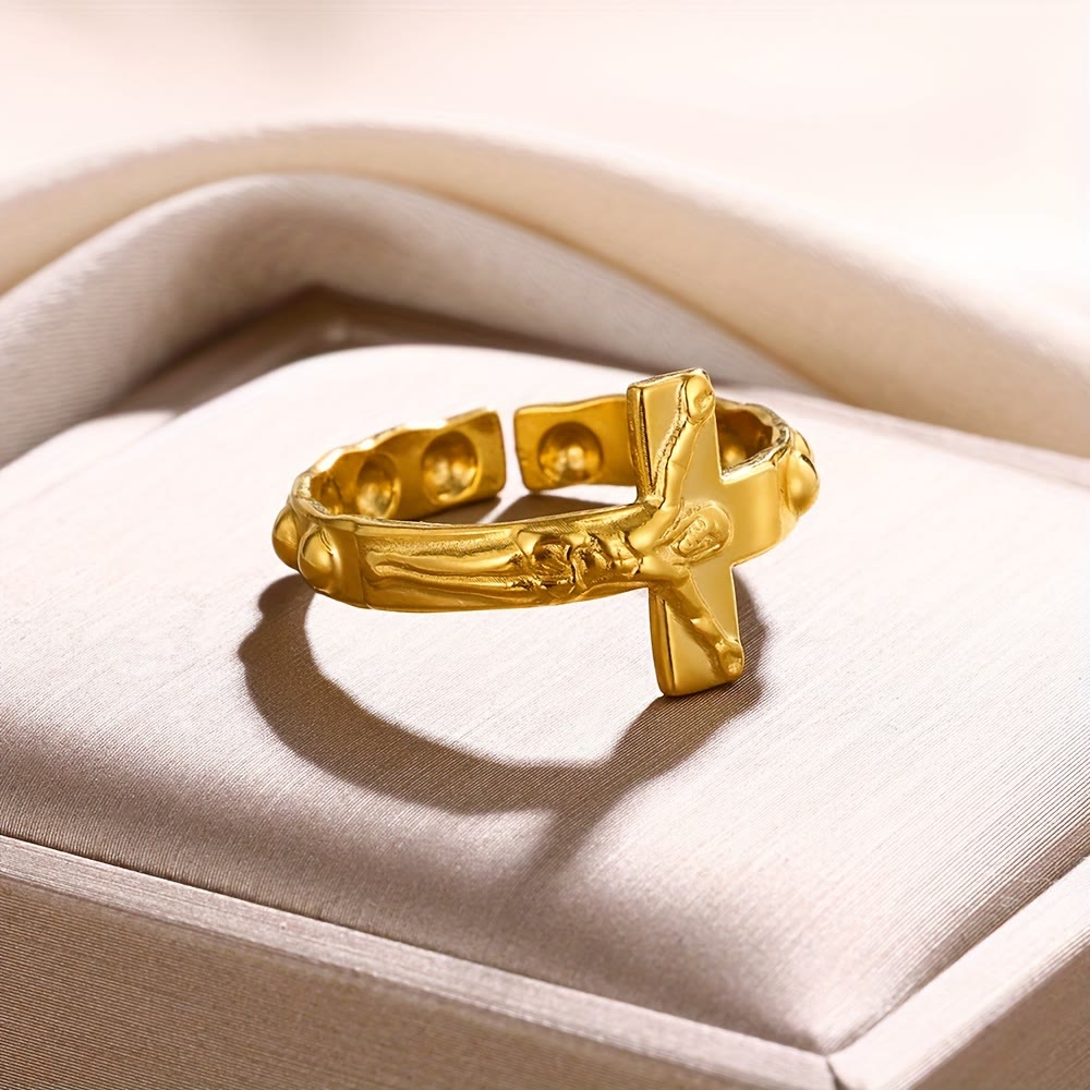 Anillo de Devoción Abierto Ajustable Grabado en Cruz Atemporal