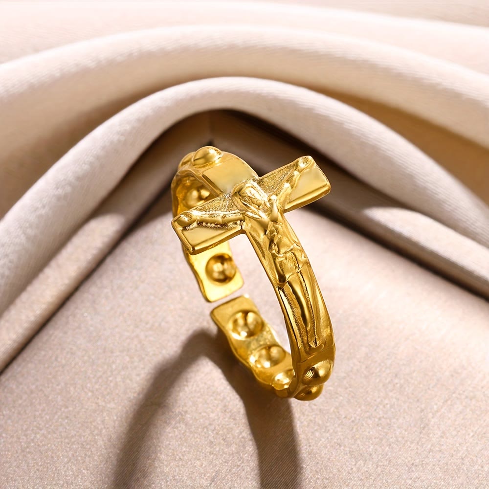Anillo de Devoción Abierto Ajustable Grabado en Cruz Atemporal