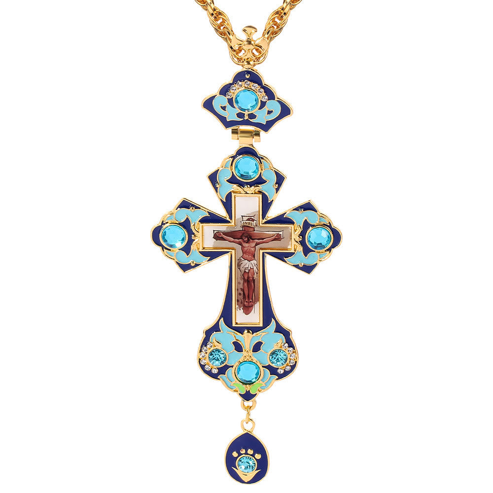 Collar de Pendiente con Cruz Ortodoxa Ornamental Adornada con Gemas: Emblema de Redención y Gloria Divina
