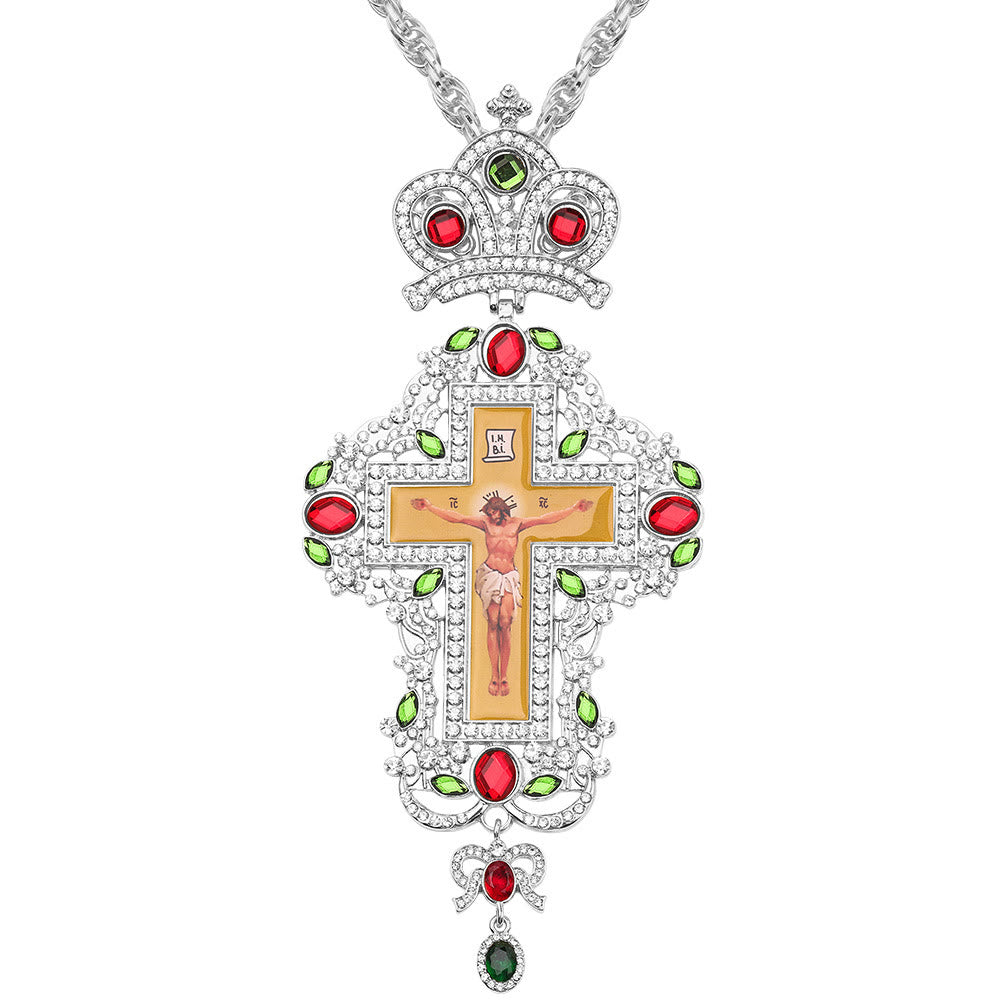 Collar de Pendiente con Cruz Ortodoxa Ornamental Adornada con Gemas: Emblema de Redención y Gloria Divina
