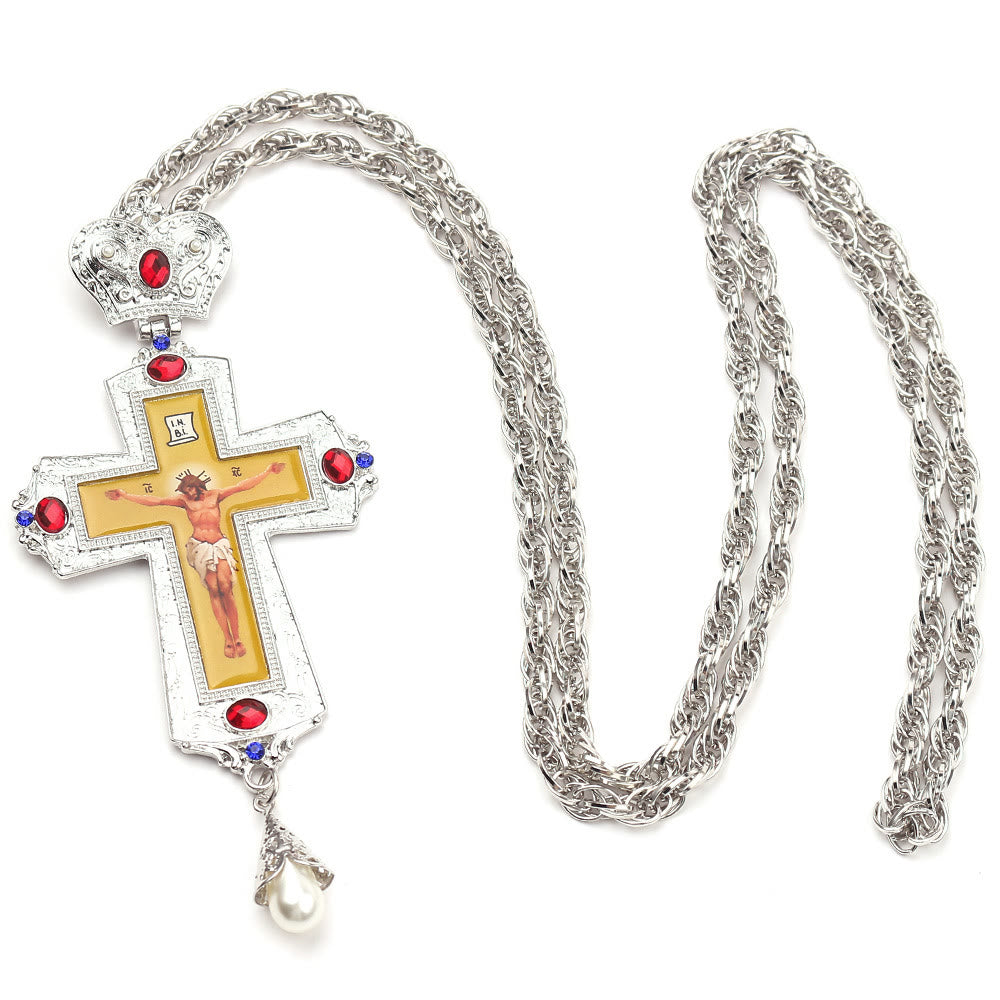 Collar de Pendiente con Cruz Ortodoxa Ornamental Adornada con Gemas: Emblema de Redención y Gloria Divina