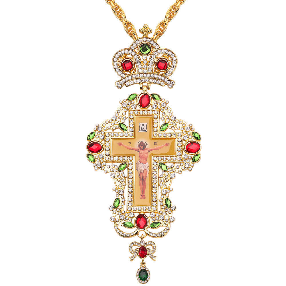 Collar de Pendiente con Cruz Ortodoxa Ornamental Adornada con Gemas: Emblema de Redención y Gloria Divina