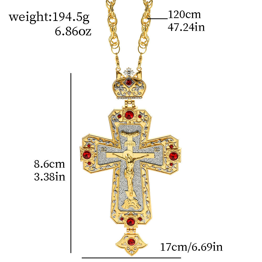 Collar de Pendiente con Cruz Ortodoxa Ornamental Adornada con Gemas: Emblema de Redención y Gloria Divina